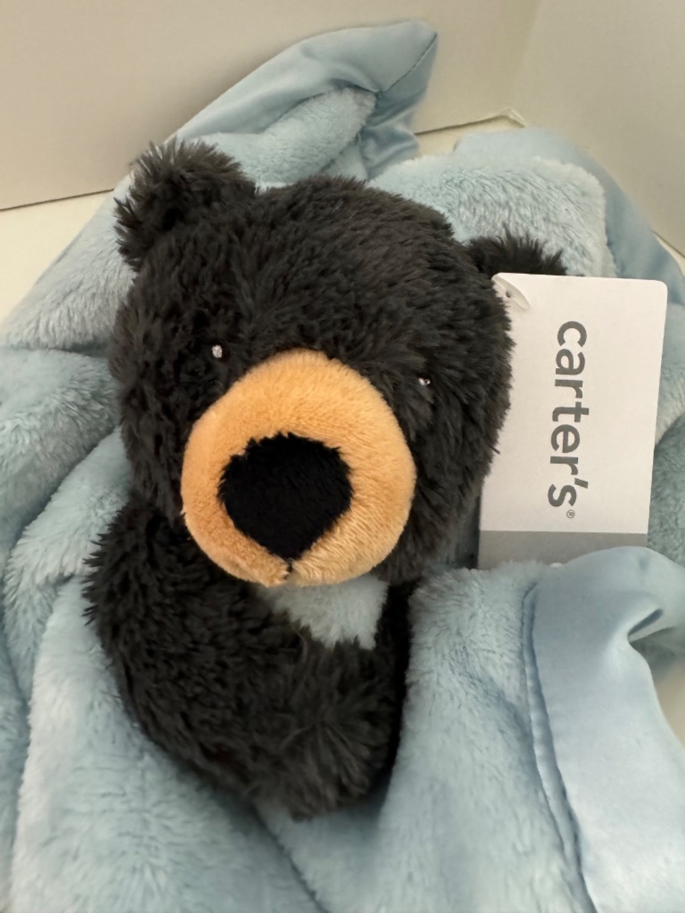 New Carter’s Teddy Black/Brown Bear Blue Security Blanket Lovey Nunu Plush - Picture 3 of 4